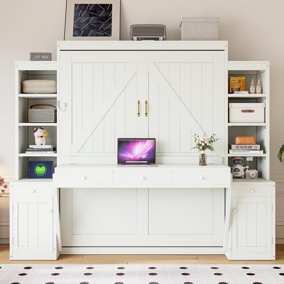 Queen Size Murphy Bed with Desk and Charging, Foldable Wall Bed Frame with Cabinets and Drawers, Wood Platform Bed with LED Light, White