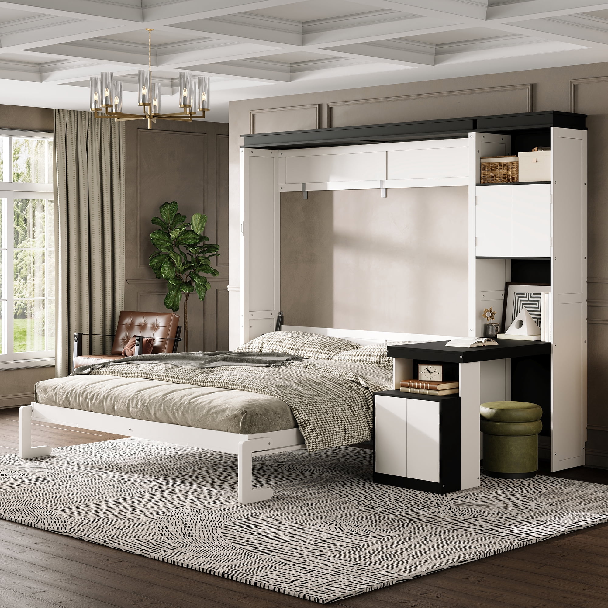 Queen Size Murphy Bed with Desk and Storage Shelves and Cabinets for Small Space, Guest Room