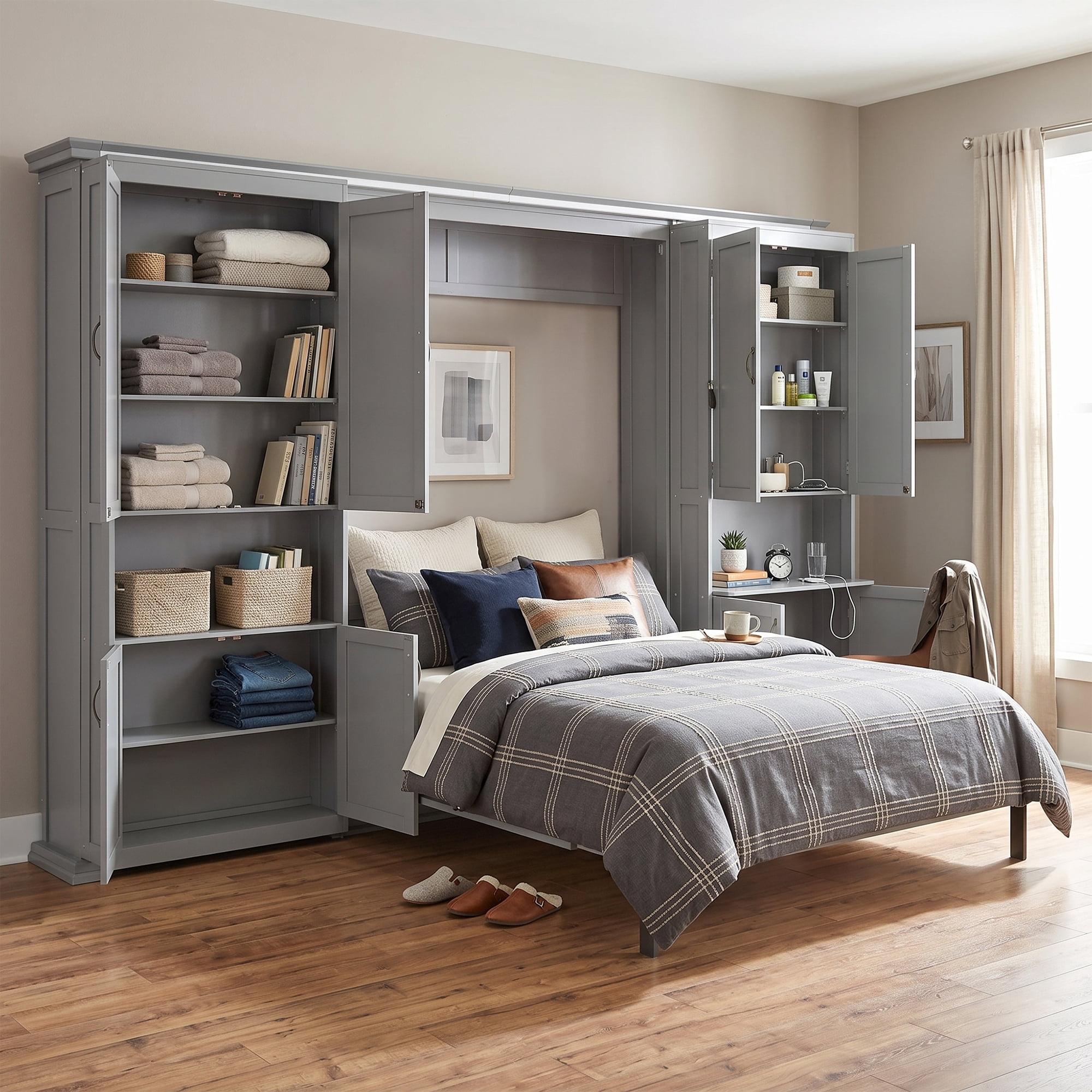Queen Size Murphy Bed with Dual Sliding Storage Cabinets, 6-Tier Open Shelves, Space-Saving for Small Space, Guest Room