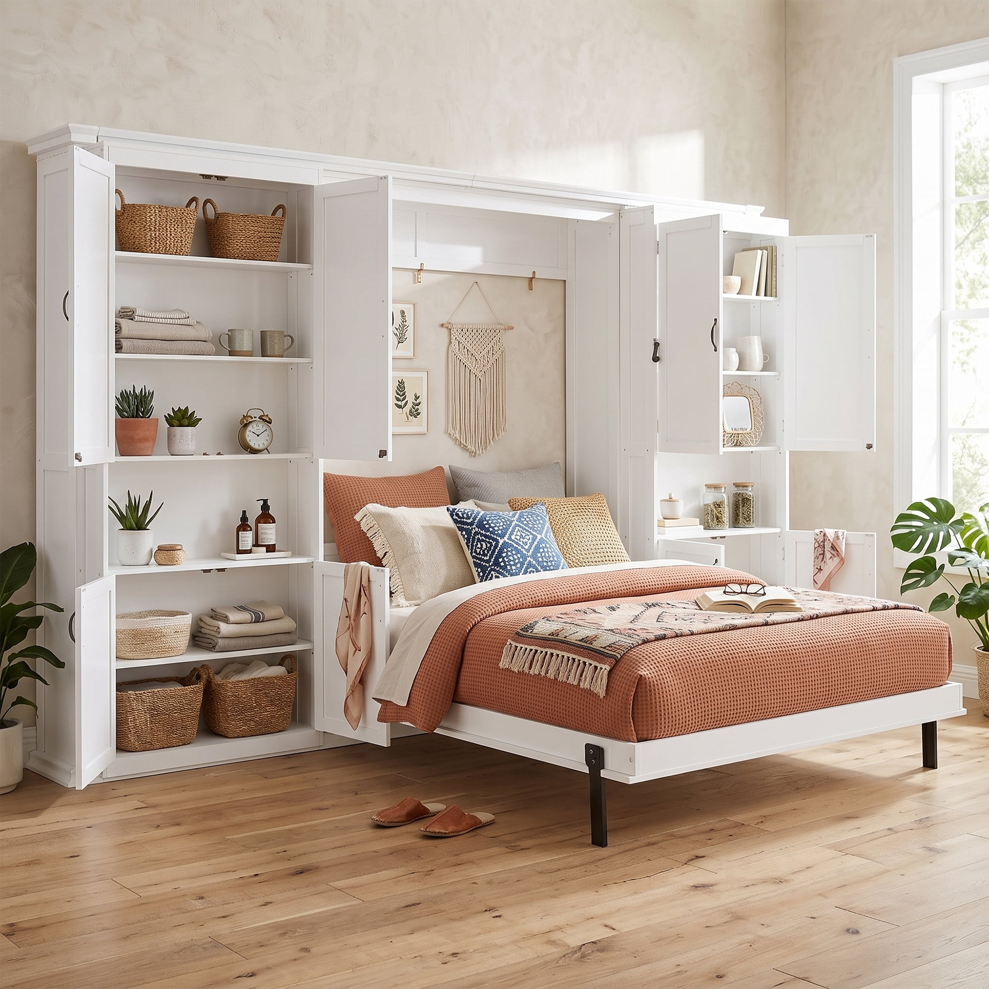 Queen Size Murphy Bed with Dual Sliding Storage Cabinets, 6-Tier Open Shelves, Space-Saving for Small Space, Guest Room