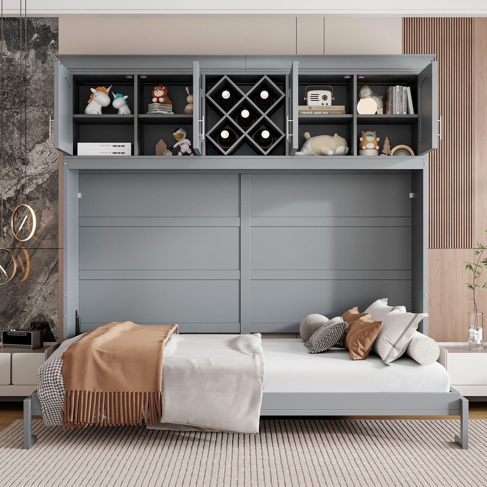 Queen Size Rack Queen Size Murphy Bed with Hidden Folding Platform & Wine Rack Cabinet ...