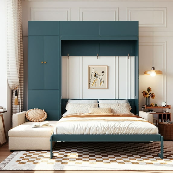 Queen Size Murphy Bed with L-Shaped Sofa and Storage Shelves Space Saving Wall Bed for Small Apartments and Studio Living Rooms