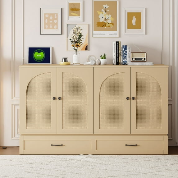 Queen Size Murphy Bed with Large Capacity Drawers, Space-Saving Cabinet Bed with Foldable Design, for Apartments, Guesthouses, Gold