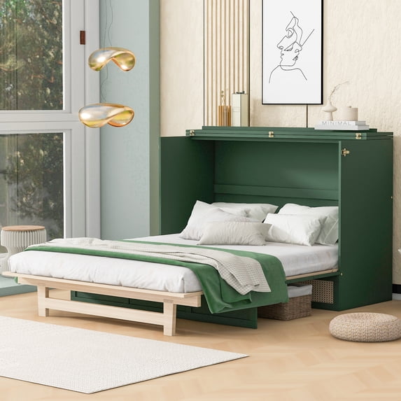 Queen Size Murphy Bed with Large Drawer Storage, Wooden Foldable Platform Bedframe into a Cabinet, for Bedroom Office Small Space, Green