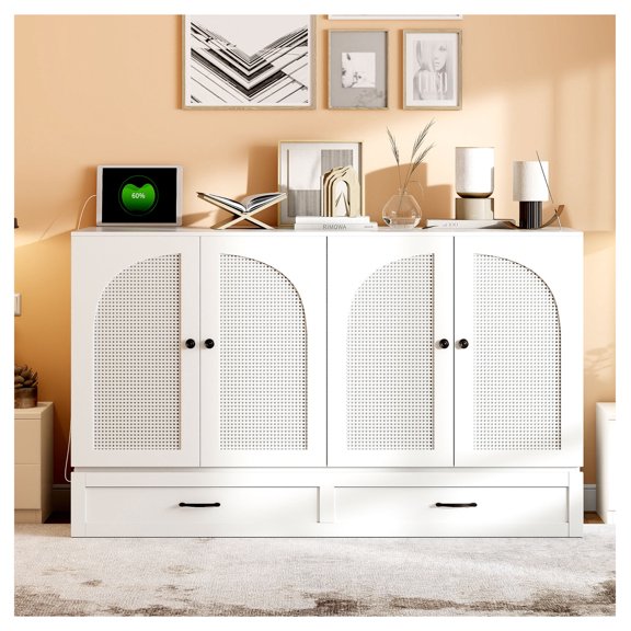 Queen Size Murphy Bed with Large Drawers, White, Space-Saving Foldable Bed