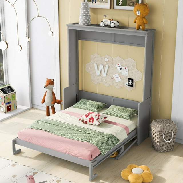 Queen Size Murphy Bed with Shelf, Solid Wood Mobile Murphy Chest Bed