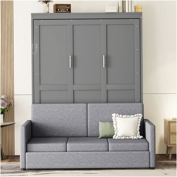 Queen Size Murphy Bed with Sofa, Space Saving Wall Bed, Convertible Couch for Small Rooms, Easy Lift Mechanism, Modern Gray Finish
