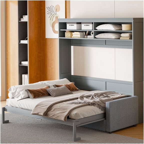 Queen Size Murphy Bed with Sofa, Space Saving Wall Bed Unit for Small Spaces, Modern Gray Finish