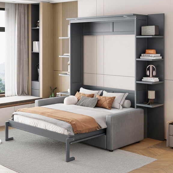 Queen Size Murphy Bed with Sofa, Wooden Wall Bed with Storage Shelves, Folding Platform Bed with Built-in LED Spotlights