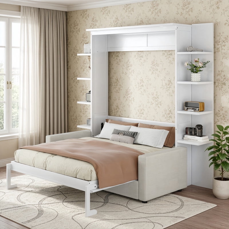 Queen Size Murphy Bed with Sofa, Wooden Wall Bed with Storage Shelves, Folding Platform Bed with Built-in LED Spotlights