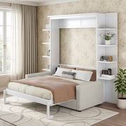 Queen Size Murphy Bed with Sofa, Wooden Wall Bed with Storage Shelves, Folding Platform Bed with Built-in LED Spotlights