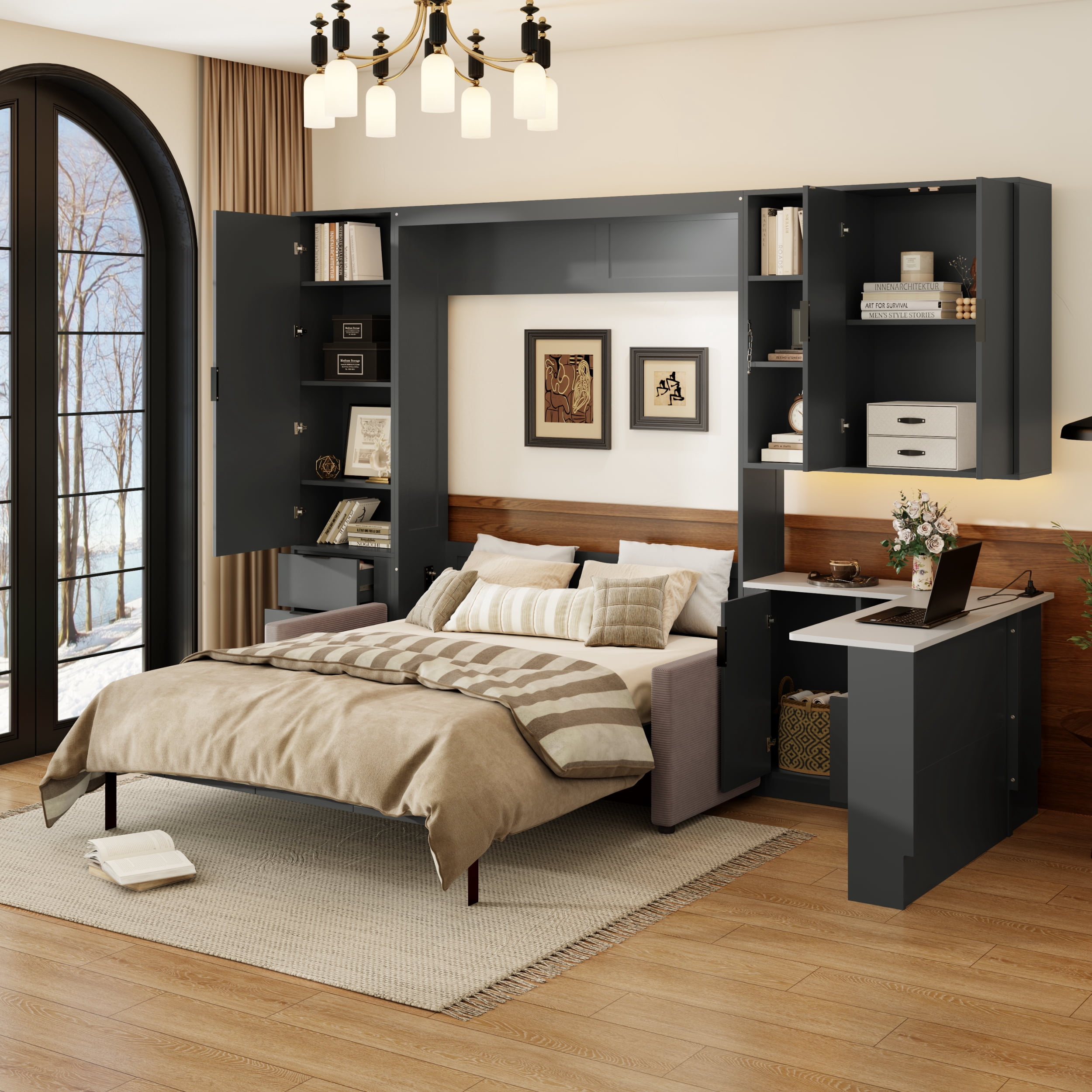 Queen Size Murphy Bed with Sofa, Writing Desk, Storage Shelves & Drawers, LED and USB for Small Space, Guest Room