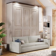 Queen Size Murphy Bed with Sofa and LED, Beige - Space Saving Wall Bed with Built-in Couch and Lighting for Living Room, Guest Room