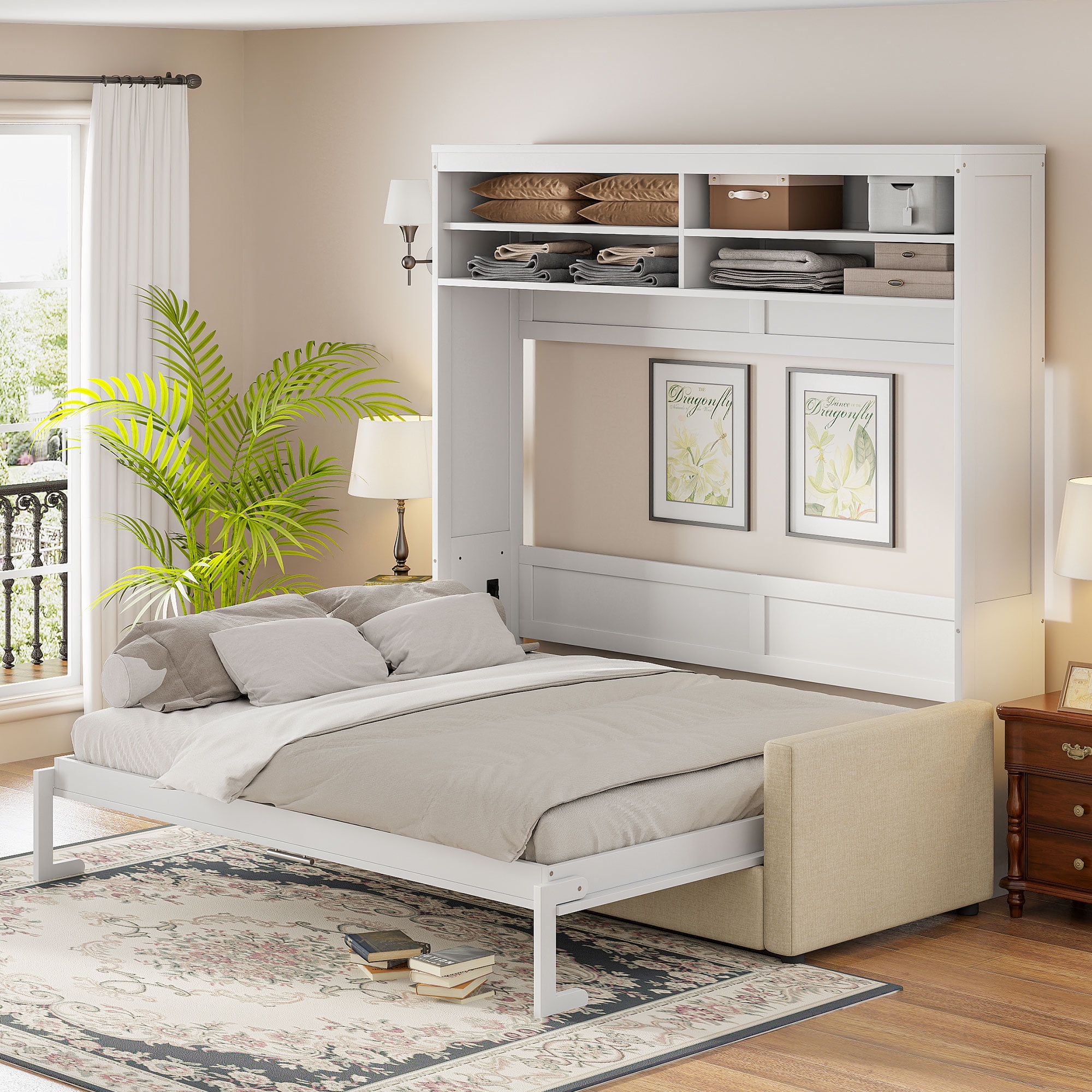 Queen Size Murphy Bed with Sofa and Open Storage Adjustable Shelves for Small Space, Guest Room