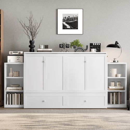Queen Size Murphy Bed with Storage Drawers & Shelves, Space-Saving Wall Bed for Guest Room, Small Bedroom, Home Office, White