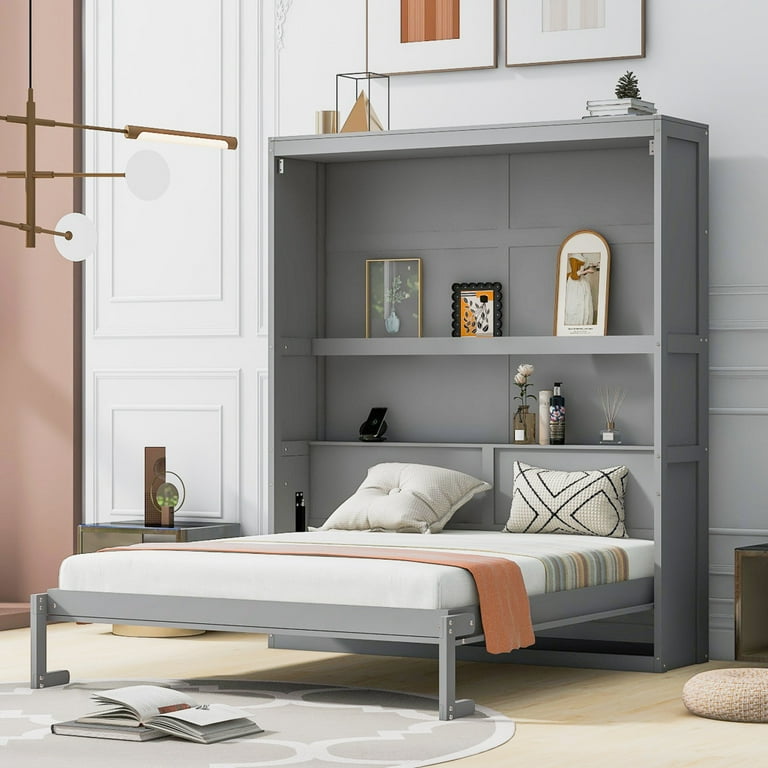 JAMPOOCA Queen Contemporary Wood MDF Murphy Bed with Storage Shelves Gray Walmart