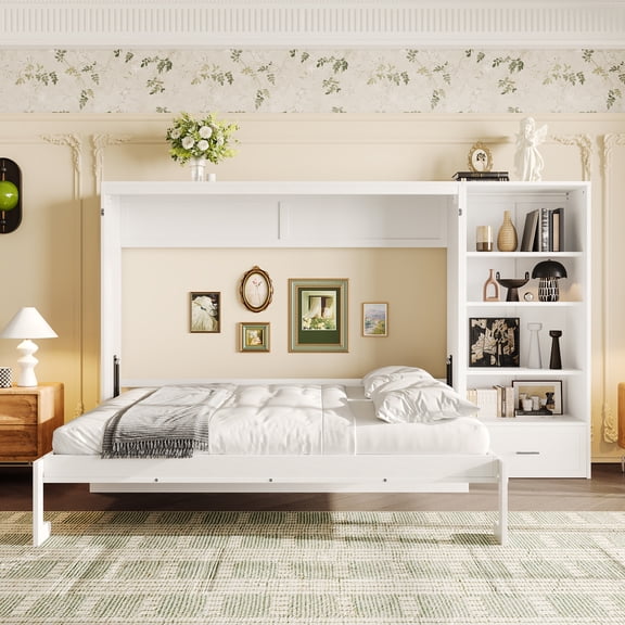 Queen Size Murphy Bed with Storage - White