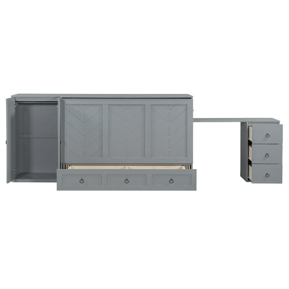 Queen Size Murphy Bed with USB Port, Large Drawer, and Wardrobe/Desk Combo  Versatile Gray Cabinet Bed