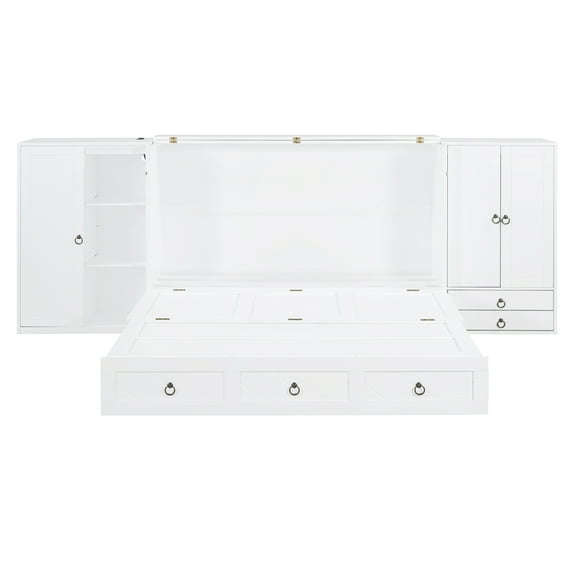 Queen Size Murphy Bed with USB Port, Little Wardrobes and Drawers, White