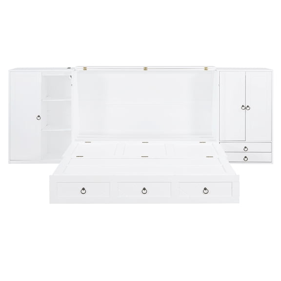 Queen Size Murphy Bed with USB Port, Little Wardrobes and Drawers, White