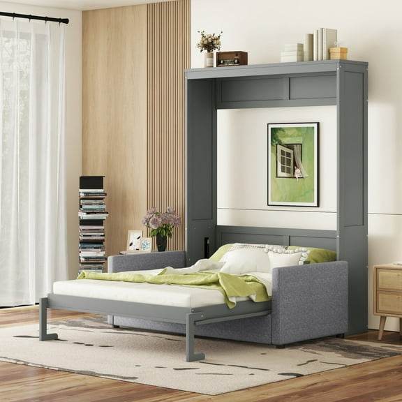 Queen Size Murphy Bed with Upholstered Sofa, Modern Platform Bed Frame with Wood Slats Support, Space Saving, Gray
