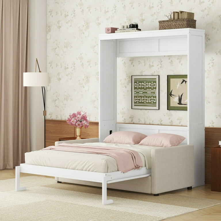 Queen Size Murphy Bed with Upholstered Sofa Modern Platform Bed Frame with Wood Slats Support Space Saving White