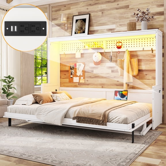 Queen Size Murphy Bed with a desk, USB Charging Station,LED Lights,White