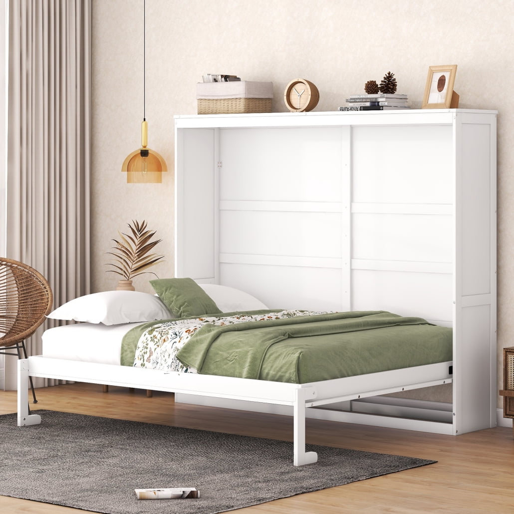 Queen Size Murphy Cabinet Bed Solid Wood Wall Platform Bed Furniture Folding Bed for Multipurpose Guest Room or Home Office Space Saving White