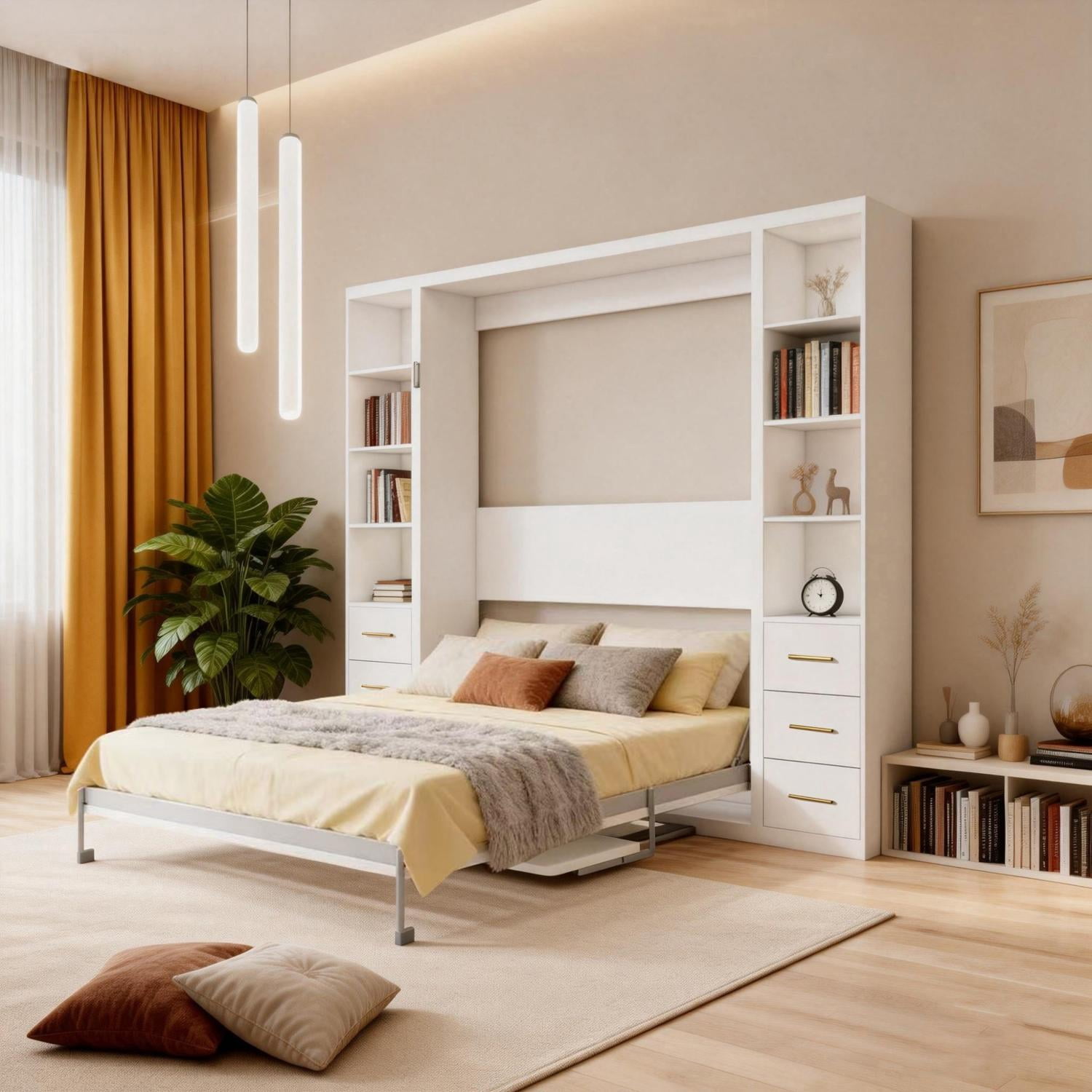 Queen Size Murphy Wall Bed with Desk and Side Storage Cabinets, Foldable Wall Bed with Automatic Leg and Hydraulic System, Space-Saving Cabinet Bed for Study, Bedroom, White