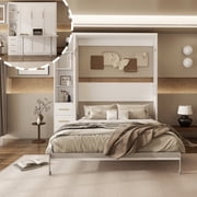 Queen Size Murphy Wall Bed With Desk & Single Side Cabinet,Space-Saving Furniture Desk Murphy Wall Bed for Hotel,Living Room, White
