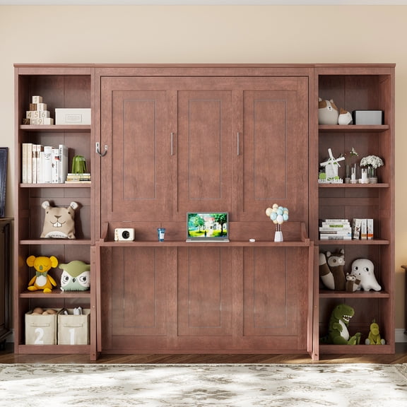 Queen Size Murphy Wall Bed with Desk and Bookshelf, Dark Brown