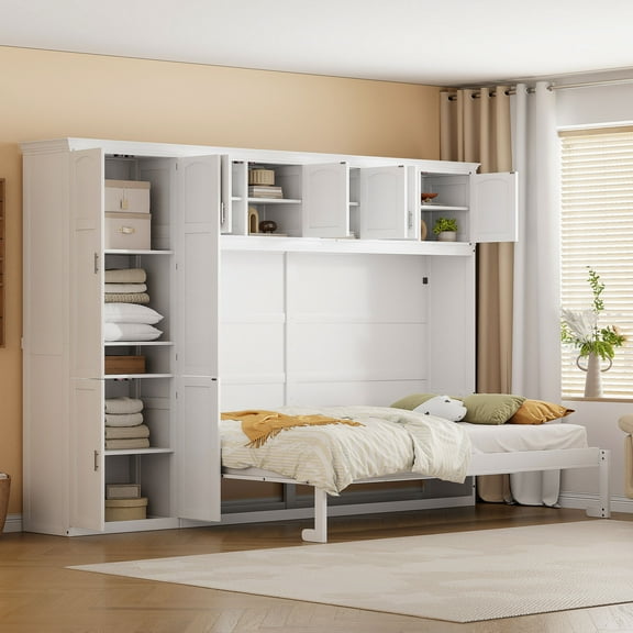 Queen Size Murphy Wall Bed with Integrated Wardrobe & Drawers, White MDF/LVL, Space-Saving Fold Down Bed for Apartment, Home Office, Guest Room