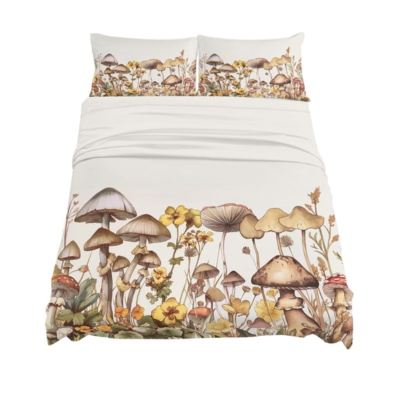Queen Size Mushroom Retro Sheet Sets Floral Plant Leaves Soft Breathable Microfiber Bed Sheets Deep Pockets 4 Piece Bed Sheets Set, 1 Fitted Sheet, 1 Flat Sheet & 2 Pillowcases