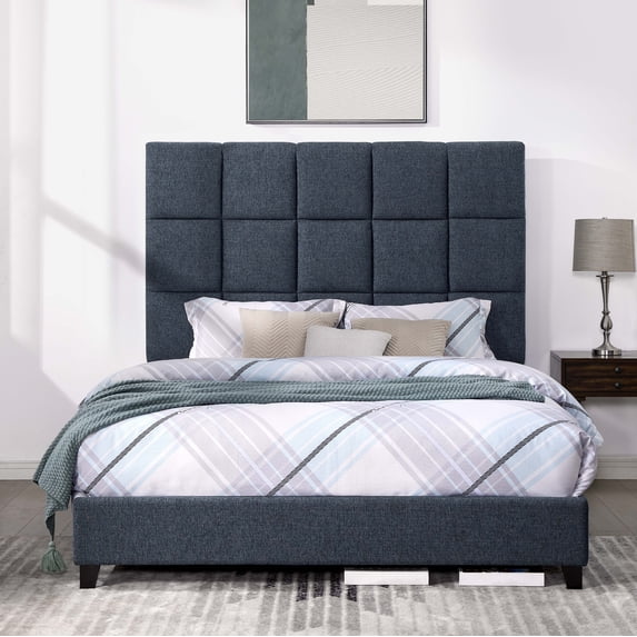 Queen Size Navy Blue Denim Upholstered Platform Bed Frame, Modern Bedroom Furniture. Solid Wood, 64"x83" Navy Polyester, 750lb Capacity, Box Spring Required.
