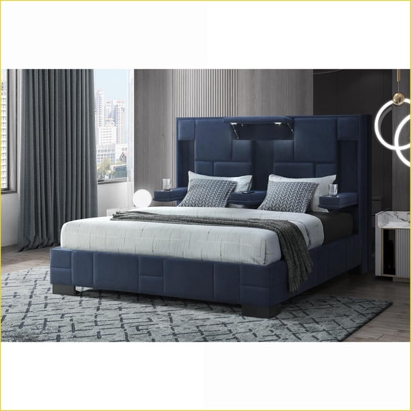 Queen Size Navy Blue Fabric Bed Frame with Wireless Charging LED Lights & Speakers Contemporary Master Bedroom
