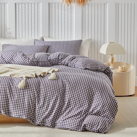 Queen Size Navy Plaid Gingham Duvet Cover Set, Washed Microfiber Reversible Grid Bedding
