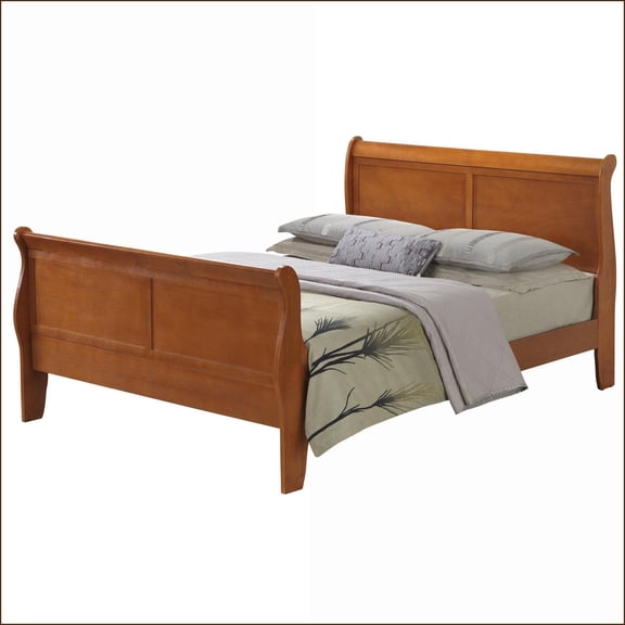 Queen Size Oak Classic Sleigh Bed Frame with Curved Trim & Wood Posts for Master Bedroom