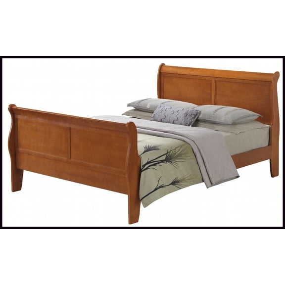 Queen Size Oak Wood Sleigh Bed Frame - Classic Curved Trim Design for Master Bedroom