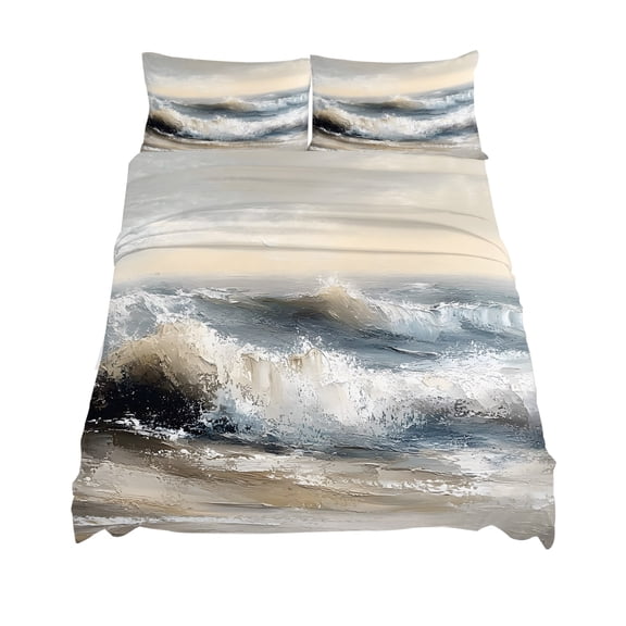Queen Size Ocean Beach Wave Sheet Sets Impressionist Oil Painting Style Soft Breathable Microfiber Bed Sheets Deep Pockets 4 Piece Bed Sheets Set, 1 Fitted Sheet, 1 Flat Sheet & 2 Pillowcases