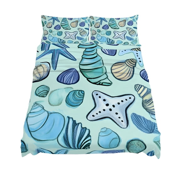 Queen Size Ocean Creature Sheet Sets Conch Blue Shell Sea Starfish Cartoon Soft Breathable Microfiber Bed Sheets Deep Pockets 4 Piece Bed Sheets Set, 1 Fitted Sheet, 1 Flat Sheet & 2 Pillowcases