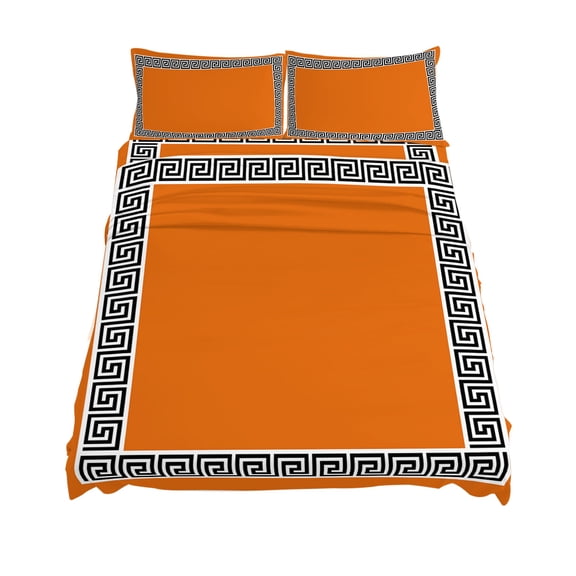 Queen Size Orange Sheet Sets Greek Chinese Style Border Geometric Soft Breathable Microfiber Bed Sheets Deep Pockets 4 Piece Bed Sheets Set, 1 Fitted Sheet, 1 Flat Sheet & 2 Pillowcases