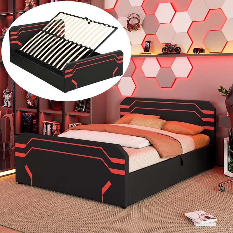 Queen Size PU Leather Gaming Bed Frame with Hydraulic Storage, Cyberpunk Style Platform Bed with Futuristic Pattern Headboard