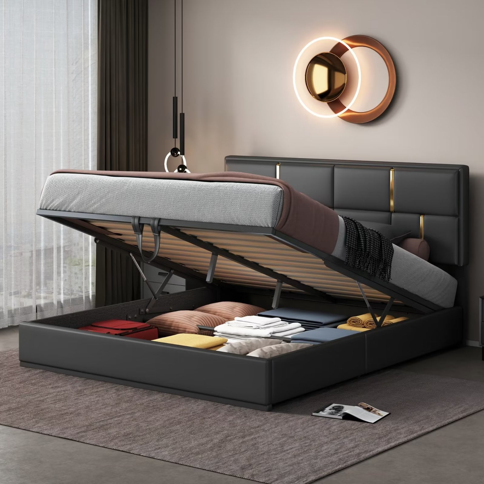 Queen Size PU Leather Upholstered Bed Frame with Hydraulic Storage ...