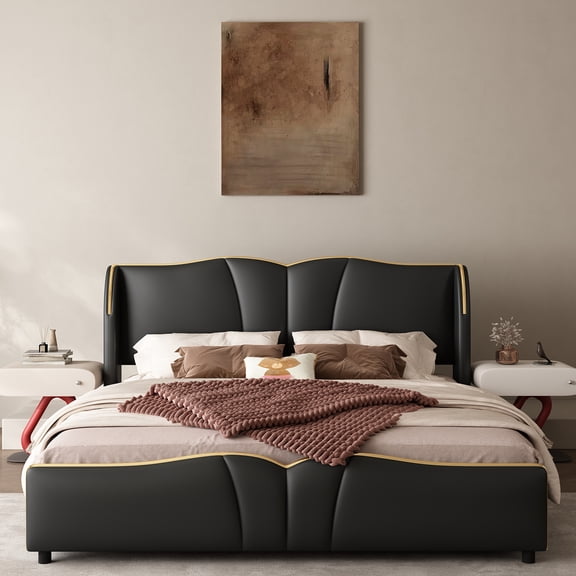 Queen Size PU Leather Upholstered Platform Bed Frame,Modern Bed Frame with Wingback Head Board and Wavy Footboard, No Spring Box Needed,Black