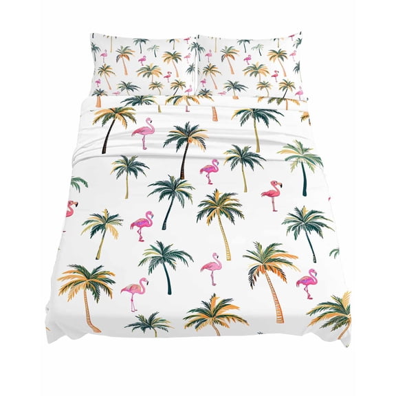 Queen Size Palm Trees Sheet Sets Pink Flamingo Summer Tropical Plant Animal Soft Breathable Microfiber Bed Sheets Deep Pockets 4 Piece Bed Sheets Set, 1 Fitted Sheet, 1 Flat Sheet & 2 Pillowcases