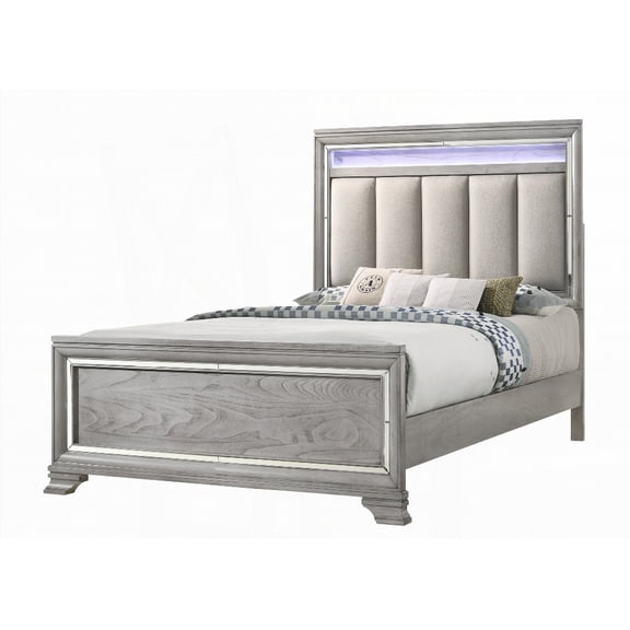 Queen Size Panel Bed Featuring Integrated Led Lighting & Tufted Headboard, Soft Gray Finish, Solid Wood