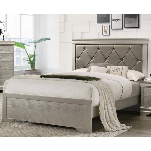 Queen Size Panel Bed in Modern Beige Champagne Finish, Boasting Crocodile Texture & Upholstered Headboard with Crystal-Like Button Tufting