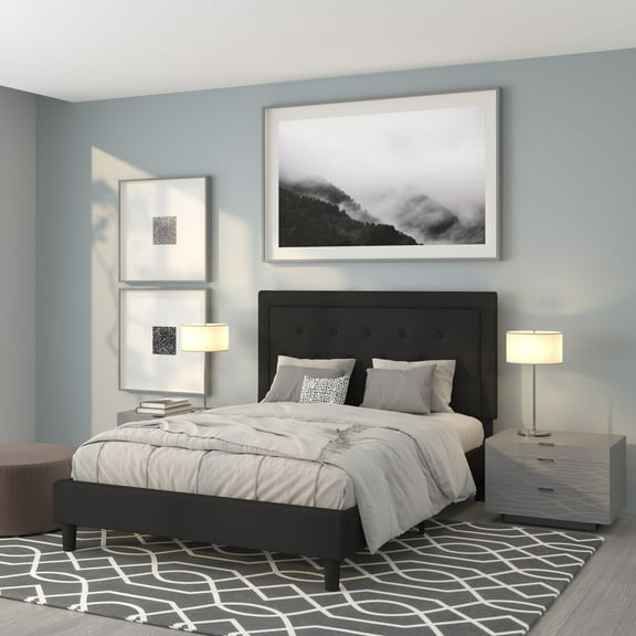 Queen Size Panel Tufted Upholstered Platform Bed in Black Fabric