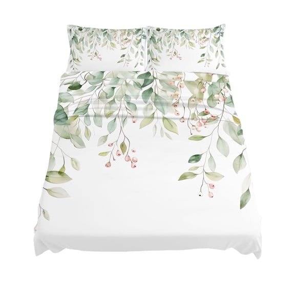 Queen Size Pastoral Watercolor Sheet Sets Light Green Eucalyptus Leaf Red Fruit Soft Breathable Microfiber Bed Sheets Deep Pockets 4 Piece Bed Sheets Set, 1 Fitted Sheet, 1 Flat Sheet & 2 Pillowcases