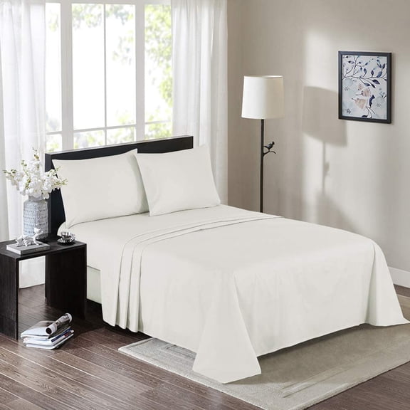 Queen Size Percale Bed Sheets, 200 Thread Count Cotton Polyester Blend Sheet Set, Wrinkle Free, Breathable, Crisp Refreshing Feeling, 60 Cotton 40 Polyester Cotton Rich Sheets 4 PC (Ivory, Queen)